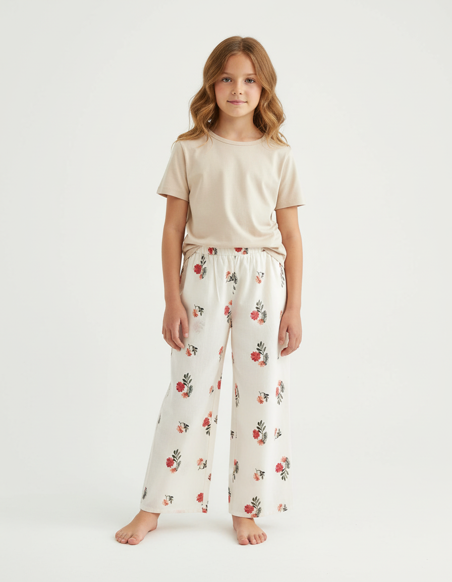 Pantalon Beige Imprimé Floral Ample Fille Coton - Blanc