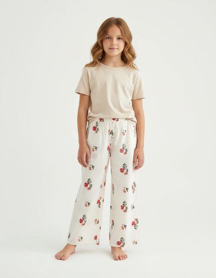 Pantalon Beige Imprimé Floral Ample Fille Coton - Blanc