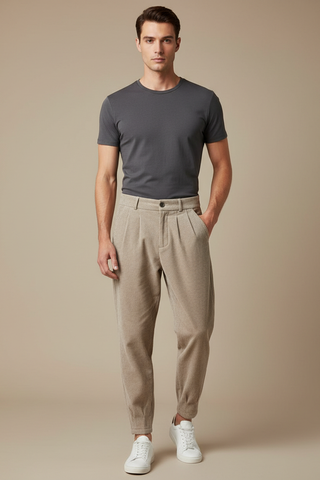 Pantalon Beige Côtelé Ample Plissé Homme - Cordé