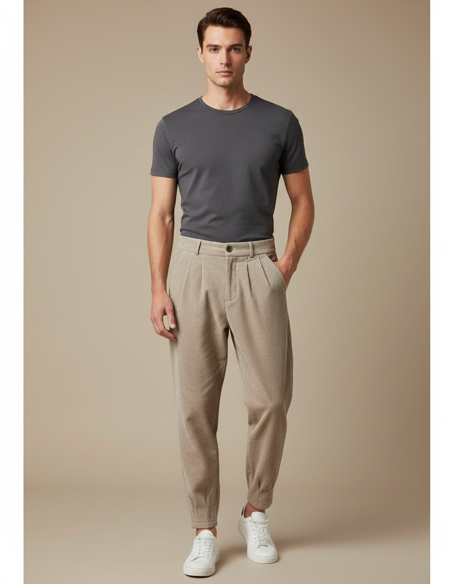 Pantalon Beige Côtelé Ample Plissé Homme - Cordé