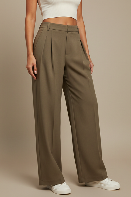Pantalon Beige Plissé Large Fluide Élégant Femme - Kaki Polyester
