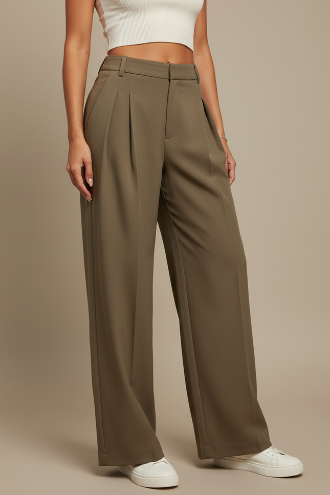 Pantalon Beige Plissé Large Fluide Élégant Femme - Kaki Polyester