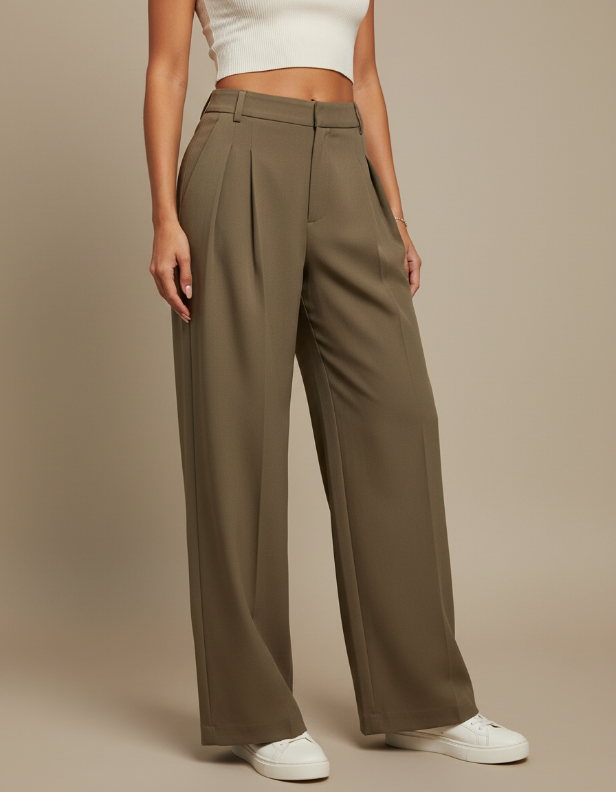 Pantalon Beige Plissé Large Fluide Élégant Femme - Kaki Polyester