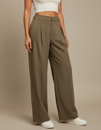 Pantalon Beige Plissé Large Fluide Élégant Femme - Kaki Polyester