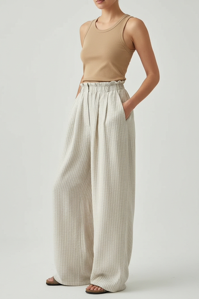 Pantalon Beige Ample Lin Rayé Taille Haute