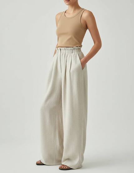 Pantalon Beige Ample Lin Rayé Taille Haute