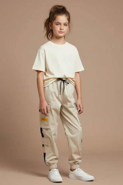 Pantalon Beige Cargo Ample Décontracté Fille - Toile
