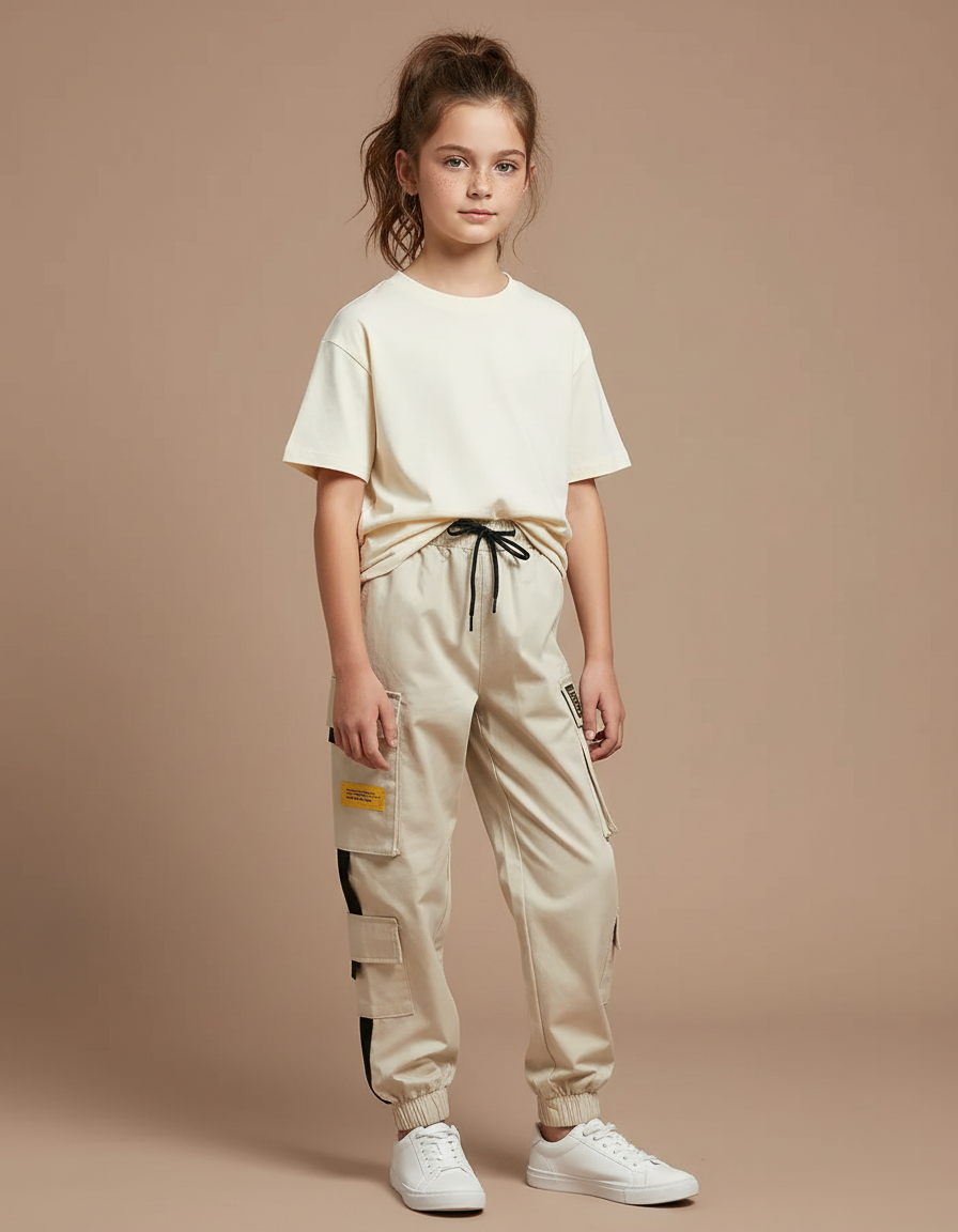 Pantalon Beige Cargo Ample Décontracté Fille - Toile