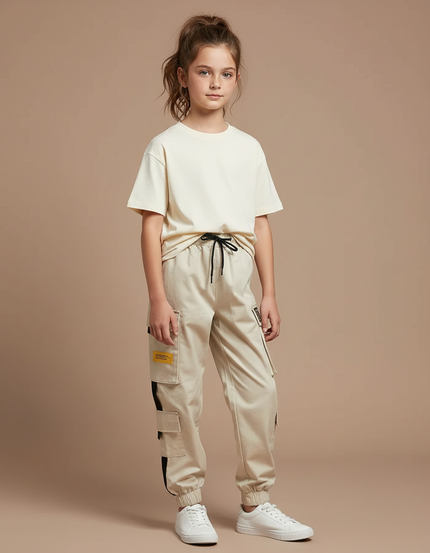 Pantalon Beige Cargo Ample Décontracté Fille - Toile