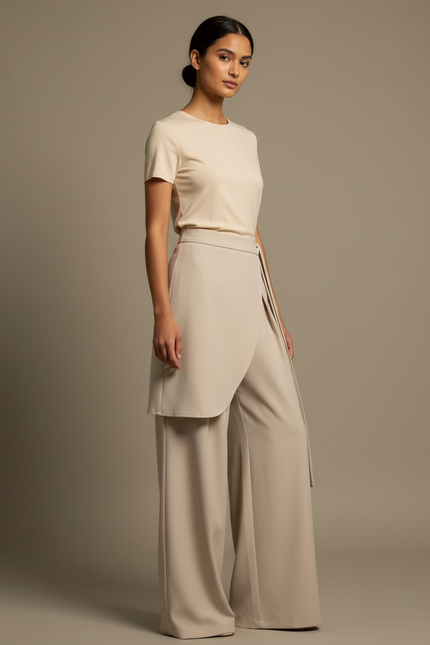 Pantalon Beige Fluide Ample Élégant Irrégulier Femme - Viscose