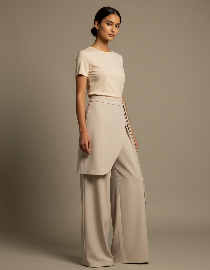 Pantalon Beige Fluide Ample Élégant Irrégulier Femme - Viscose