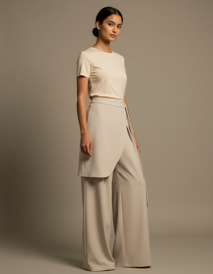 Pantalon Beige Fluide Ample Élégant Irrégulier Femme - Viscose