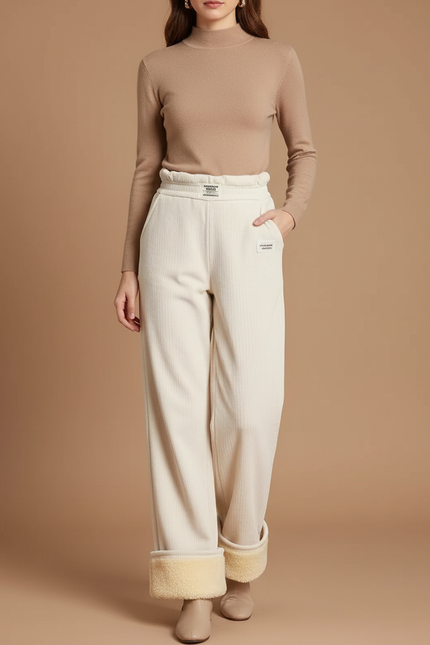 Pantalon Beige Doublé Polaire Ample Confortable - Cordé