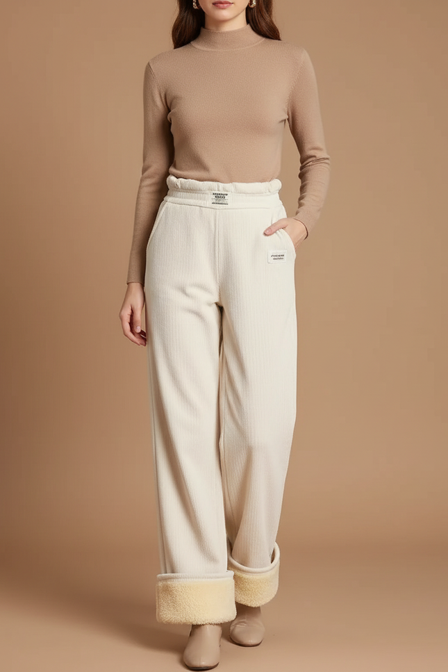 Pantalon Beige Doublé Polaire Ample Confortable - Cordé