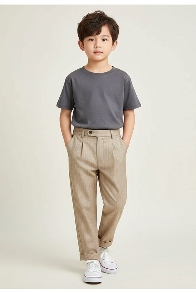 Pantalon Beige Rayé Droit Pli Enfant - Laine