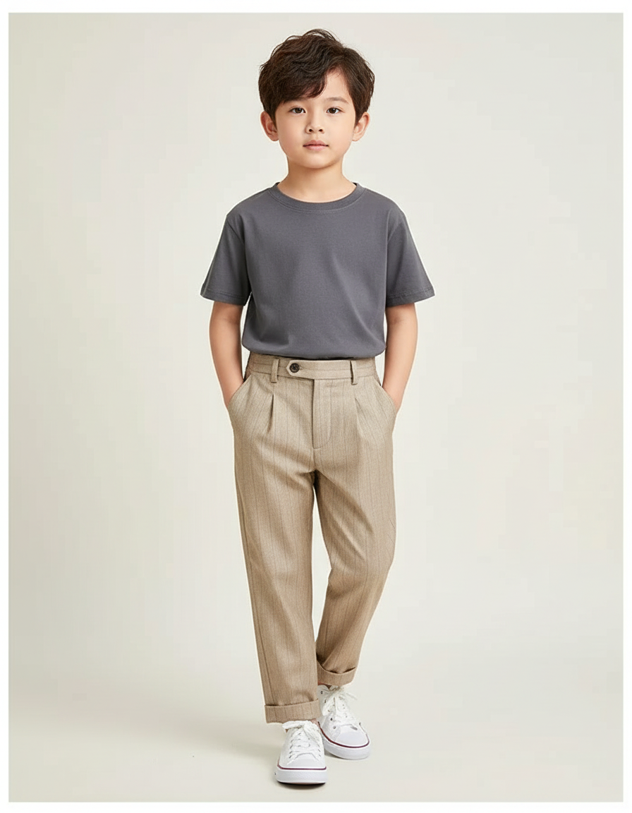 Pantalon Beige Rayé Droit Pli Enfant - Laine