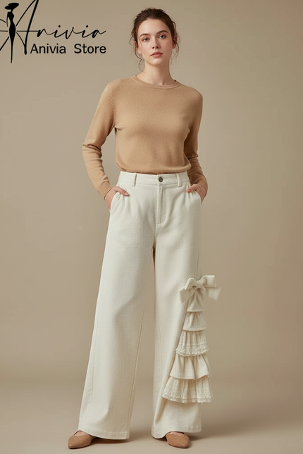 Pantalon Beige Côtelé Large Nœud Volants Femme - Cordé