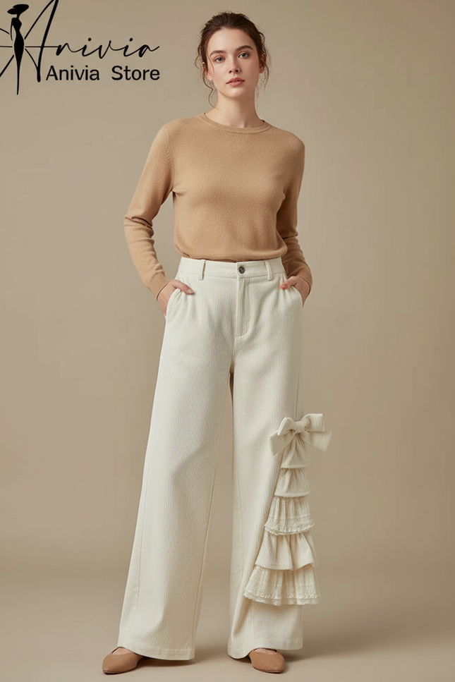 Pantalon Beige Côtelé Large Nœud Volants Femme - Cordé