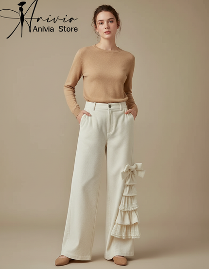 Pantalon Beige Côtelé Large Nœud Volants Femme - Cordé