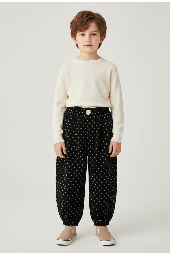 Pantalon Beige Noir Polka Dots Ample Enfant - Cordé