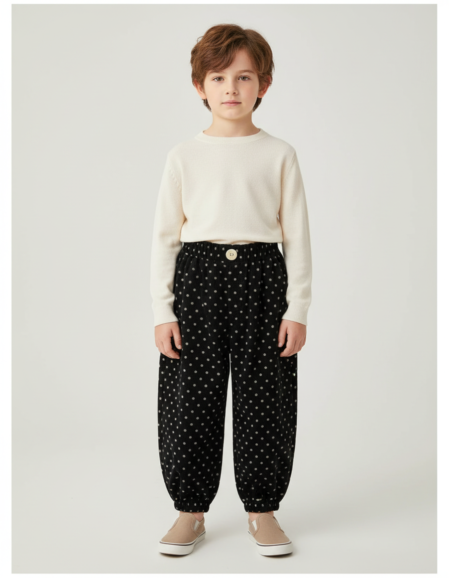 Pantalon Beige Noir Polka Dots Ample Enfant - Cordé