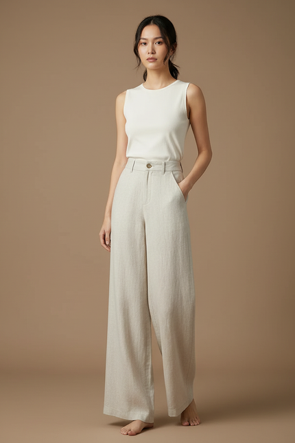 Pantalon Beige Lin Ample Taille Haute Droit Femme
