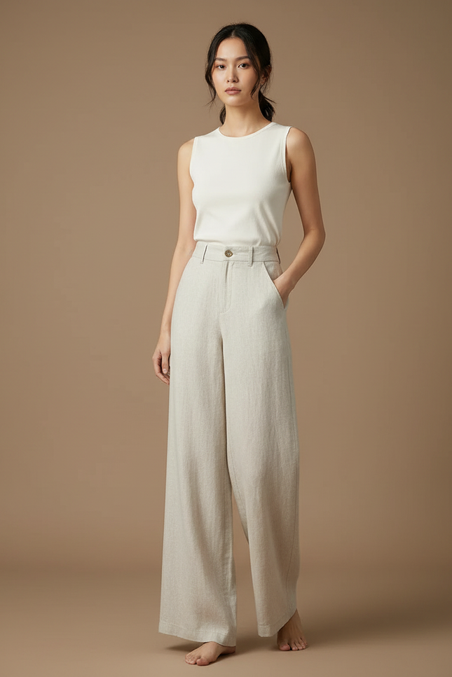 Pantalon Beige Lin Ample Taille Haute Droit Femme