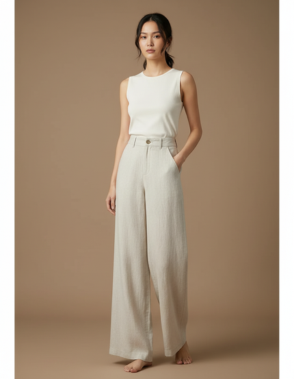 Pantalon Beige Lin Ample Taille Haute Droit Femme