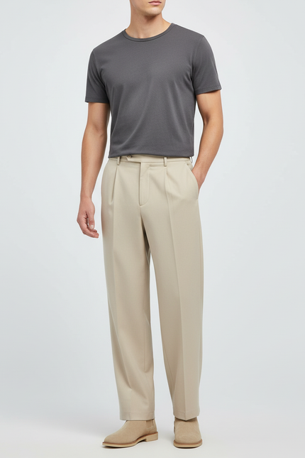 Pantalon Beige Droit Ample Plissé Homme Formel - Gabardine