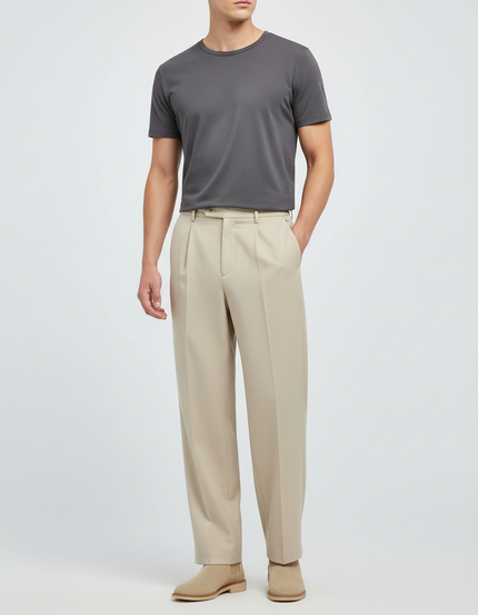 Pantalon Beige Droit Ample Plissé Homme Formel - Gabardine