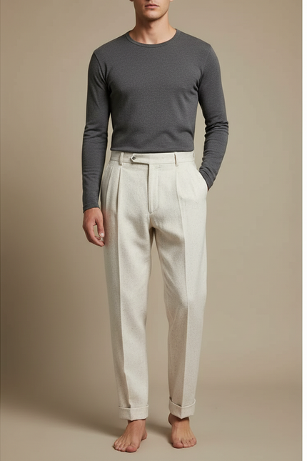 Pantalon Beige Plissé Droit Laine Élégant Homme
