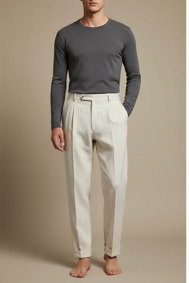 Pantalon Beige Plissé Droit Laine Élégant Homme