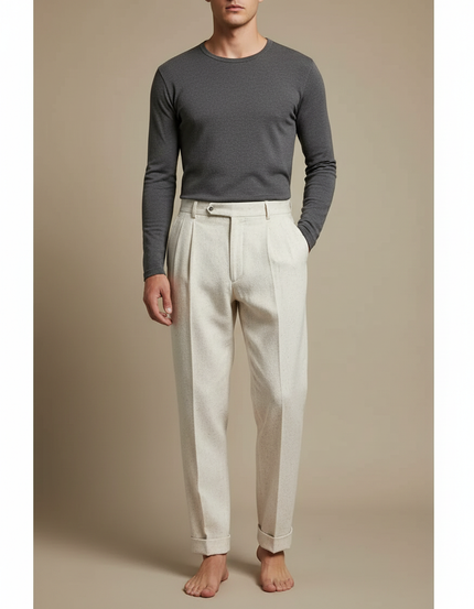 Pantalon Beige Plissé Droit Laine Élégant Homme