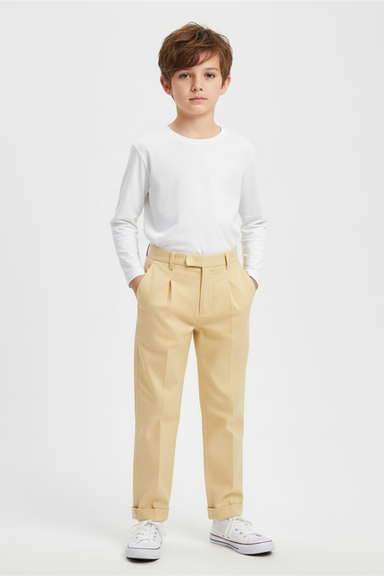 Pantalon Beige Plissé Droit Classique Garçon - Gabardine