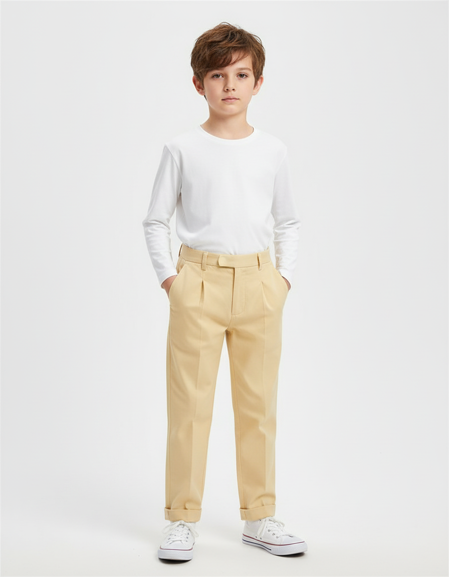 Pantalon Beige Plissé Droit Classique Garçon - Gabardine
