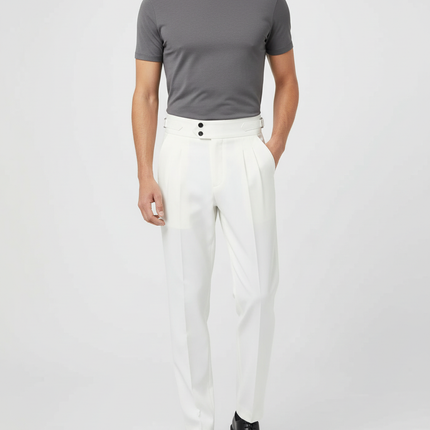 Pantalon Beige Homme Élégant Plissé Taille Haute - Blanc Gabardine