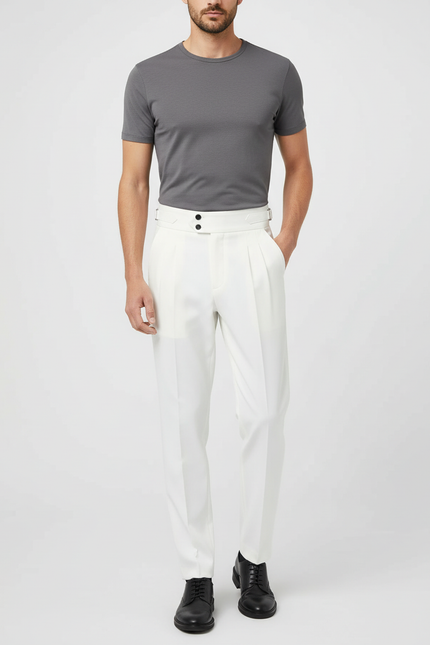 Pantalon Beige Homme Élégant Plissé Taille Haute - Blanc Gabardine