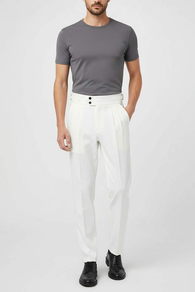 Pantalon Beige Homme Élégant Plissé Taille Haute - Blanc Gabardine