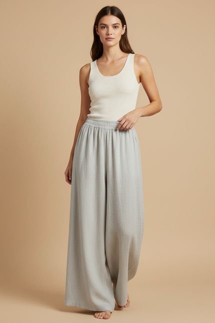 Pantalon Beige Ample Lin Fluide Décontracté Femme - Gris