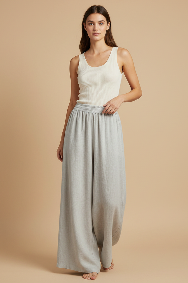 Pantalon Beige Ample Lin Fluide Décontracté Femme - Gris