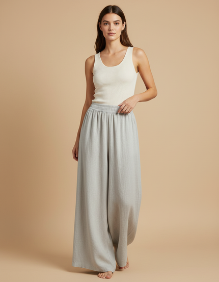 Pantalon Beige Ample Lin Fluide Décontracté Femme - Gris