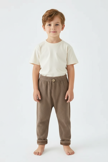 Pantalon Beige Côtelé Ample Enfant Décontracté Confortable - Marron Cordé