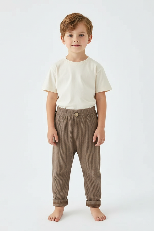 Pantalon Beige Côtelé Ample Enfant Décontracté Confortable - Marron Cordé
