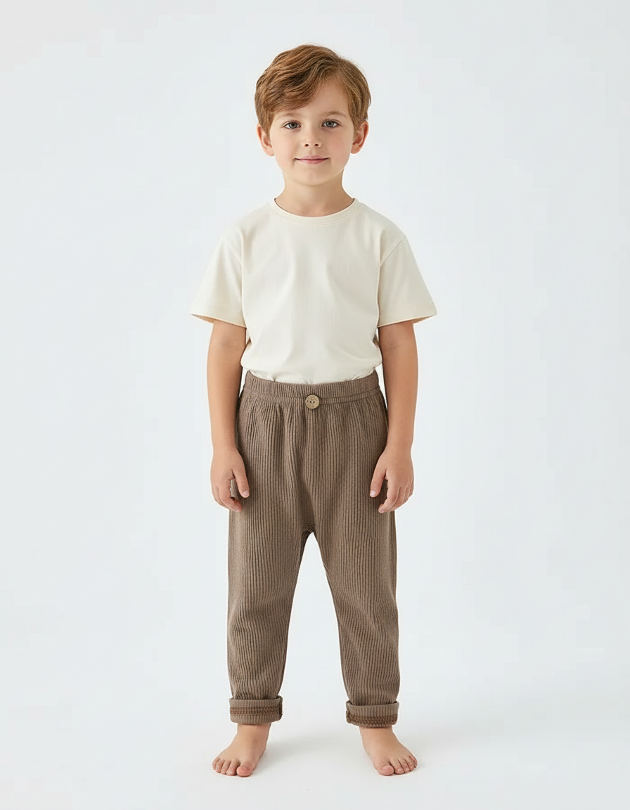 Pantalon Beige Côtelé Ample Enfant Décontracté Confortable - Marron Cordé