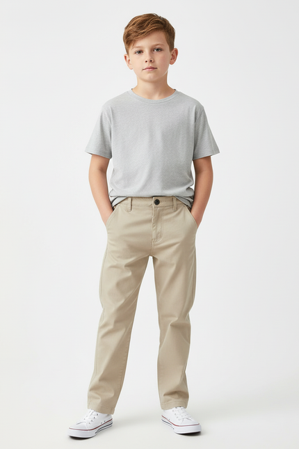 Pantalon Beige Coton Garçon Classique Décontracté - Gabardine