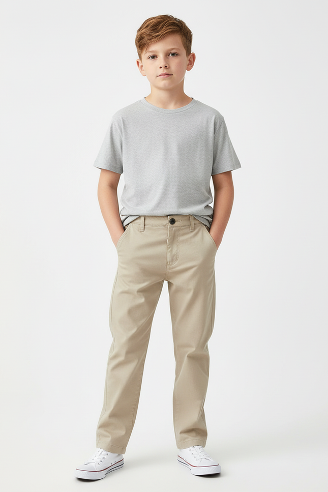 Pantalon Beige Coton Garçon Classique Décontracté - Gabardine