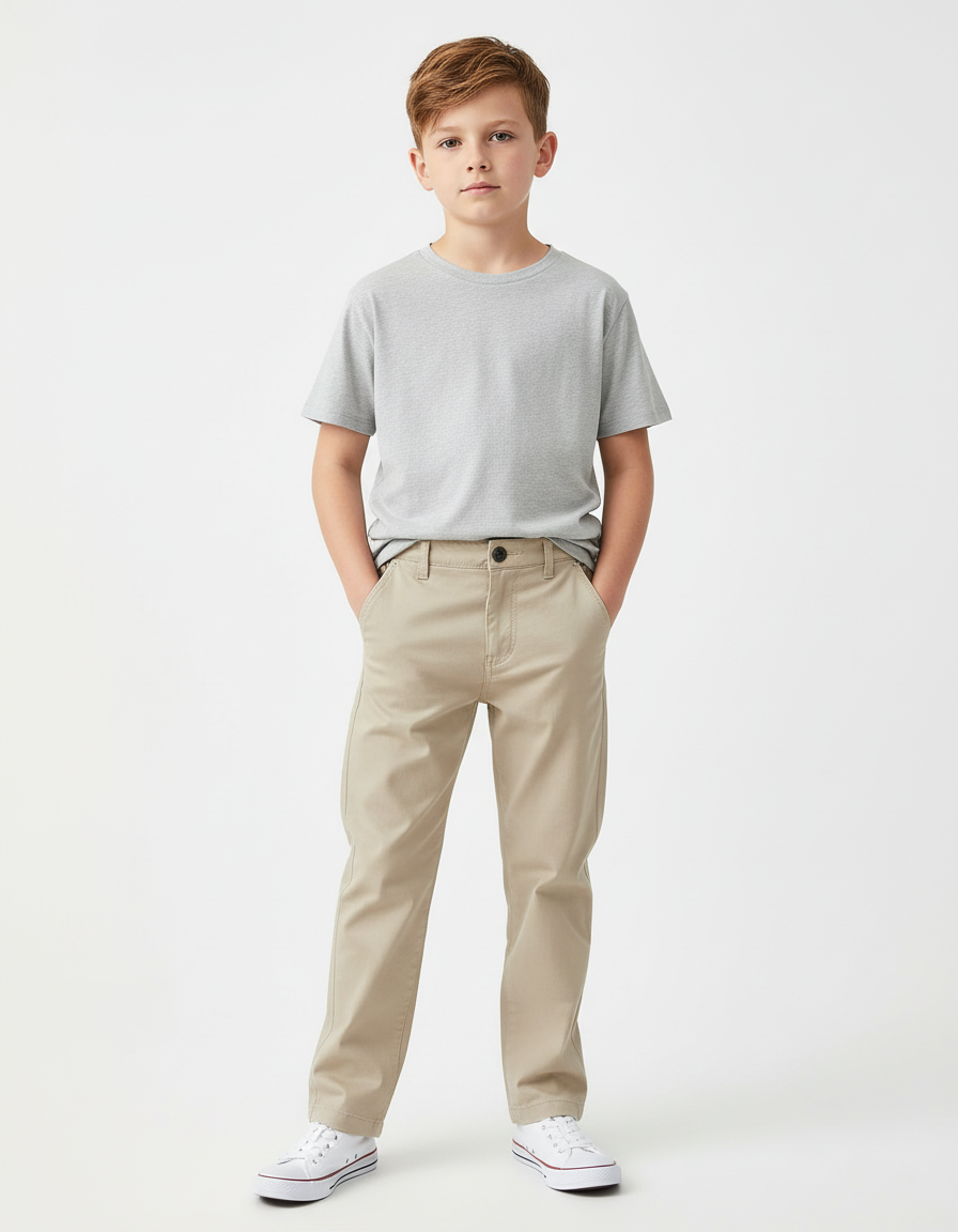 Pantalon Beige Coton Garçon Classique Décontracté - Gabardine