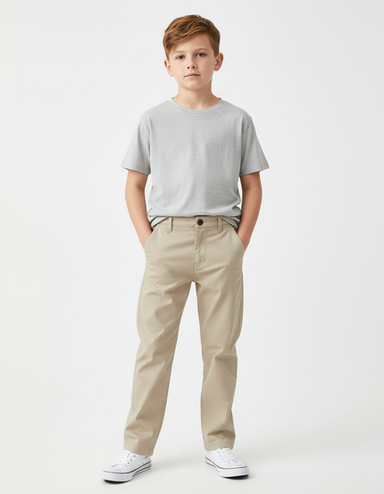Pantalon Beige Coton Garçon Classique Décontracté - Gabardine