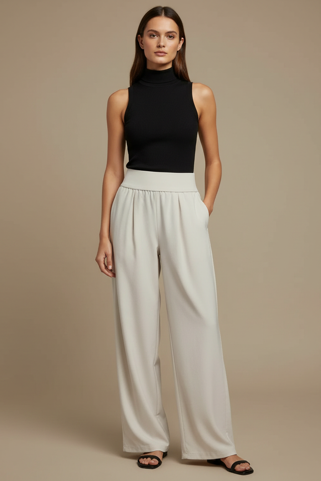 Pantalon Beige Fluide Ample Taille Haute Élégant Décontracté - Viscose