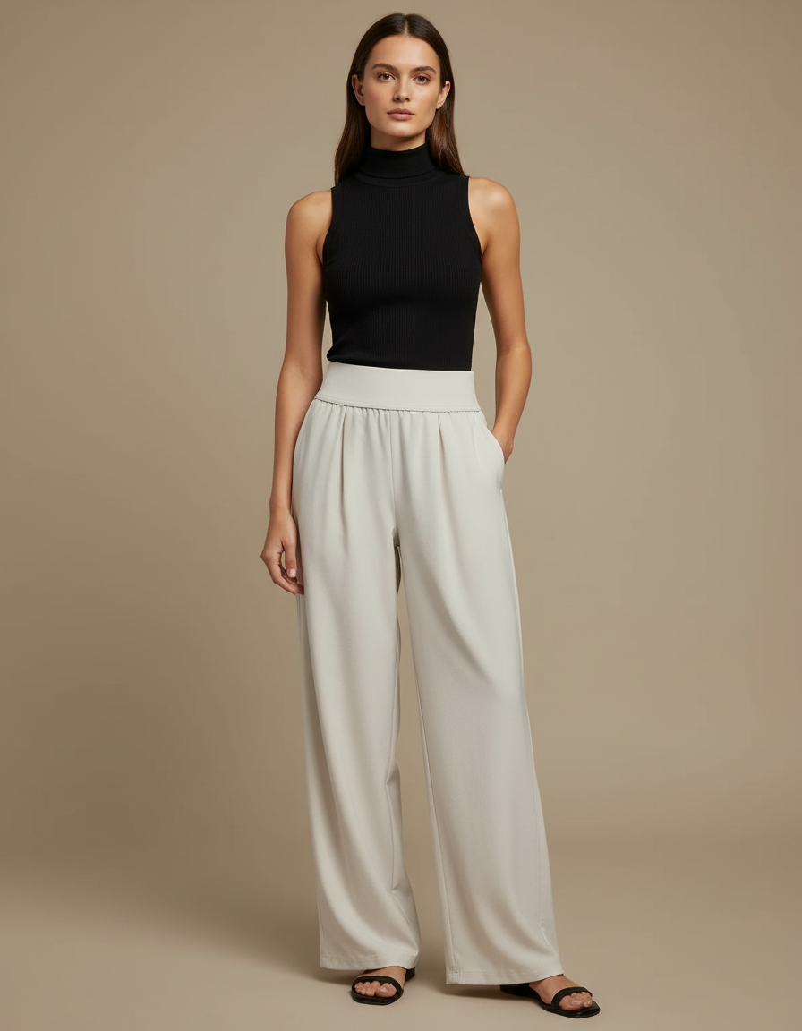 Pantalon Beige Fluide Ample Taille Haute Élégant Décontracté - Viscose